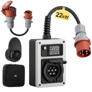 dé Wallbox 22kW 32A EV Charger mit CEE Stecker und Typ 2 Steckdose, 22kW Mobile Ladestation mit Stromzähler, RFID-Karte für ID.4 ID.5, Model Y, Model 3, e-up, e-tron, Zoe und andere EV und PHEV