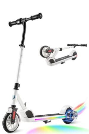 Caroma E Scooter Kinder von 8-12 Jahren,bis zu 16 km/h & 8 km,Elektroroller Kinder mit Bunte Leuchten, LED-Anzeige,Einstellbare Geschwindigkeit und Höhe,Leichter Faltbarer Elektroscooter,Reinweiß