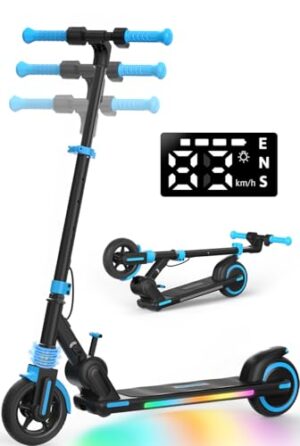 E Scooter Kinder, Elektroroller Kinder von 6-10-14 mit 5AH Akku 6,5 Zoll Reifen, 15km Reichweite, LED-Anzeige, 150W Motor mit Bunte LED-Lichter, 4-Höhenverstellbar Elektro Scooter Geschenk Jugendliche