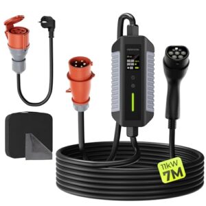 Typ 2 Ladekabel 11kW mit CEE-Stecker, [7M | 6-16A | 3-Phasig] mit Einstellbarer Ladeleistung, Mobile Wallbox/Ladestation & EV-Ladegerät für Model 3/Y/S/X, E-3008/E-308, ID.3/ID.4/e-Golf/andere EV