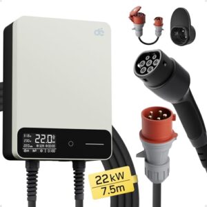 dé Type 2 Wallbox 22kW RFID 6-32A 3-Phasen EV-Ladegerät 400V mit 7,5 m Ladekabel und Kabelhalter für BEV/PHEV, RCD Typ-B & IP55-Schutz, effiziente Ladestation für Zuhause,Weiß