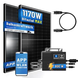 PIANETA Balkonkraftwerk 1170W Solaranlage mit 800W Eway Micro Wechselrichter WiFi Bluetooth, 2X 450W Bifaziale Solarmodule, Schukokabel 5m, Photovoltaik PV Anlage (1170W)