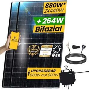 EPP.Solar® 880W Balkonkraftwerk 800W komplett Steckdose - Balkonkraftwerk 800 Watt upgradebarer Growatt NEO Wechselrichter 800W, 2x440W Bifaziale Glas/Glas Solarmodule im Solaranlage Komplettset