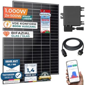 Balkonkraftwerk 1000 W Bifazial Glas/Glas Solaranlage Steckerfertig mit 800 Watt Wechselrichter WiFi Smarte Mini-PV Photovoltaik Anlage genehmigungsfrei Komplettset, schwarz (1000/800W)