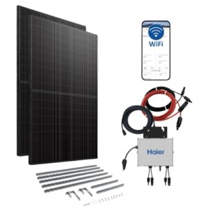 Haier 840 W Balkonkraftwerk inkl. sturmsicherer Balkon-Halterung, 600 W / 800 W Stecker-Solaranlage mit 2x 420 W Modulen und Wechselrichter, 5 m Kabel, WiFi