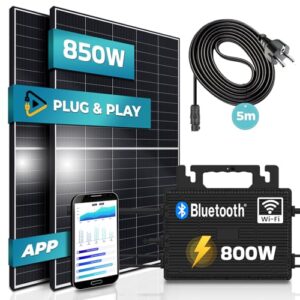 SUNNIVA® Balkonkraftwerk 850/800W Solaranlage mit 800W Astro-Energy Micro Wechselrichter Wifi Bluetooth, upgradebar drosselbar, 2x 425W Solarmodule, 5m Kabel, Solarkabel, Photovoltaikanlage