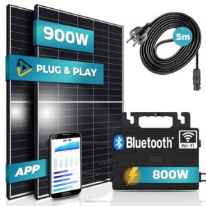 SUNNIVA® Balkonkraftwerk Black Frame 900/800W Solaranlage mit 800W Astro Energy Micro Wechselrichter mit WIFI Bluetooth, upgradebar drosselbar, 2x450W Solarmodule, 5m Kabel, Solarkabel, PV Anlage