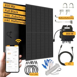 VALE Balkonkraftwerk 800 Watt Full Black - mit Halterung - 830 Wp APsystems Wechselrichter - Solarpanel Komplettset - 5m AC-Kabel & Zubehör