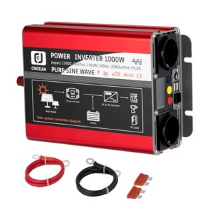 CNCEJIA 1000W Wechselrichter, Upgrade Wechselrichter 12v auf 230v Spannungswandler Reiner Sinus mit 2*USB Anschlüsse & 2 Steckdose, für Haushaltsgeräte Auto Wohnmobil (Rot)