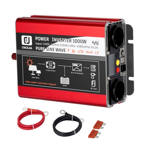 CNCEJIA 1000W Wechselrichter, Upgrade Wechselrichter 12v auf 230v Spannungswandler Reiner Sinus mit 2*USB Anschlüsse & 2 Steckdose, für Haushaltsgeräte Auto Wohnmobil (Rot)