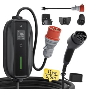 dé Mobile Wallbox/Ladestation 11kW [3-phasig|5,5m|6-16A] mit Einstellbarer Ladeleistung, Ladekabel CEE 16A auf Typ 2 und EV Ladegerät für Model Y/3, ID.3/4/5, MG4, EX30, e-up, e-tron und andere EV