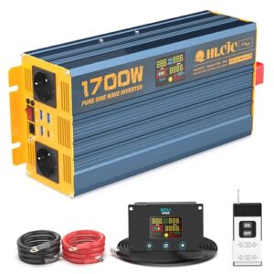 HLCJC Spannungswandler 1700W12V Reiner Sinus- Wechselrichter 12V auf 230V, mit 2 EU Steckdose, 1x USB-C, 3xUSB-A Schnellladung, LCD-Anzeige für Wohnmobil LKW KFZ