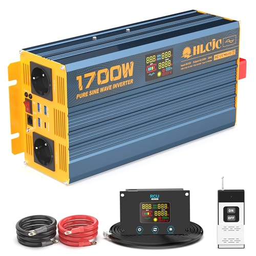 HLCJC Spannungswandler 1700W12V Reiner Sinus- Wechselrichter 12V auf 230V, mit 2 EU Steckdose, 1x USB-C, 3xUSB-A Schnellladung, LCD-Anzeige für Wohnmobil LKW KFZ