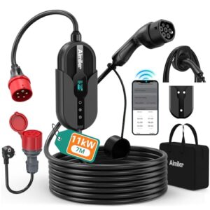 AIMILER Wallbox 11kW mit App, Mobile Ladestation 3 phasig 400V (8-16A Einstellbar) 7M Typ 2 Ladekabel Auto,IP66 Portabel/Wandmontage für Elektroauto (Model Y/3, ID.3/4/5, MG4,Zoe und andere PHEV/EV)