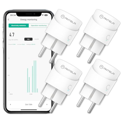 ANTELA Smart Mini-Steckdose WLAN 10A mit Energiemonitor, kompatibel mit Alexa und Google Home, APP Smart Life/Tuya, 4 Stück