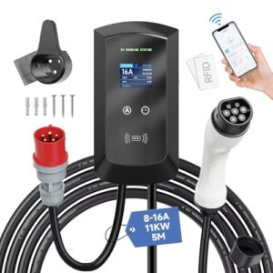 Afyeev 11kW Wallbox/Elektroauto Ladestation mit Smart App, 8-16A CEE 3 Phasen Stecker, IP65, WLAN- und Bluetooth, RFID-Karte, Elektroauto Wallbox Geeignet für i3, e-Up, ID.3, ID.4, Zoe