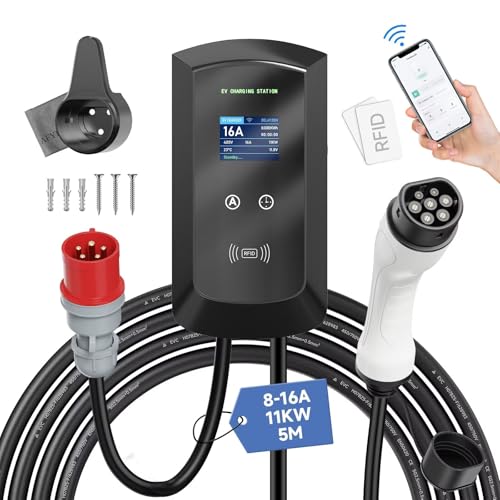 Afyeev 11kW Wallbox/Elektroauto Ladestation mit Smart App, 8-16A CEE 3 Phasen Stecker, IP65, WLAN- und Bluetooth, RFID-Karte, Elektroauto Wallbox Geeignet für i3, e-Up, ID.3, ID.4, Zoe