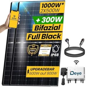 EPP.Solar 1000W Balkonkraftwerk - Solaranlage Komplettset mit 500W Bifazial Modul Black/Silber Rahmen, Neu Generation Upgradefähiger 800W Deye Wechselrichter mit Relais, 3m Schukostecker