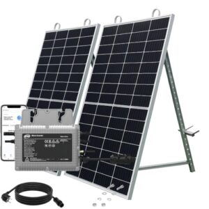 Balkonkraftwerk 800W Komplett Steckdose mit Halterung – 2×410W Bifaziale Solarmodule Schwarz, Micro Wechselrichter 800 W with 5 m AC Cable – Balkon Solaranlage Komplettset, Steckersolaranlage