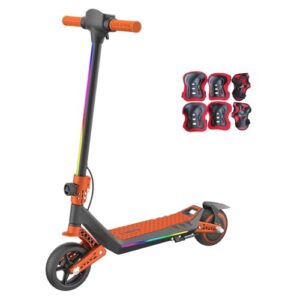 Elektroroller für Kinder, E Scooter mit Regenbogen-LED & Sicherheitsstart, 3 Geschwindigkeiten bis 16 km/h, 12KM Reichweite, doppelte Stoßdämpfer, doppeltes Sicherheitsbremssystem (Orange)