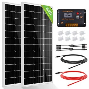 ECO-WORTHY 200W 12V Solarpanel Kit Off-Grid System: 2pcs 100W Monokristalline Solarmodule mit 30A LCD Laderegler + Solarkabel + Montageklammern für Wohnmobil, Camping