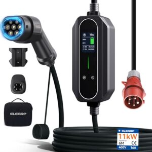 ELEGRP 11kW Mobile Wallbox mit Typ 2 Ladekabel, 3-Phasen EV Ladegerät, 6-16A Einstellbar, 6m Kabel, IP67 Wasserdicht, Mobile Ladestation IEC 62196-2 für Zuhause & Unterwegs, Plug and Play