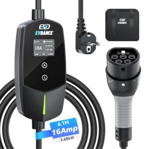 EVDANCE Typ 2 Ladekabel Schuko 3.68kW [1-phasig, 6.1m, 6-16A] Ladekabel Elektroauto mit 0-12h Zeitverzögerung Typ 2 Schuko für Elektroauto & Hybrid (PHEV/EV)