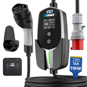 EVDANCE Mobile Wallbox/Ladestation 11kW [3-phasig|7.8m|6-16A] Typ 2 Ladekabel CEE 16A auf Typ 2 mit Einstellbarer Ladeleistung für Elektroauto, Silber
