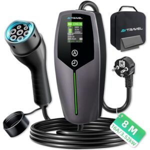EVTRAVEL Mobile Wallbox/Ladestation, Typ-2-Ladekabel [8–16 A], Tragbares Ladekabel Typ 2 für Elektrofahrzeuge (PHEV) gemäß IEC62196-2 (3.5KW, 8M)