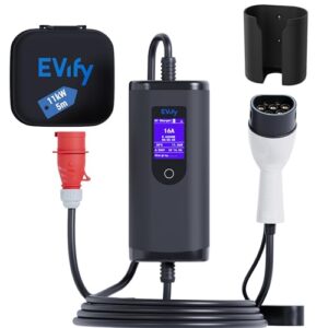 EVify Mobile Wallbox 11kW Ladegerät Typ 2 - Ladekabel CEE 16a auf Typ 2 3-Phasig 5M, Ladegerät Ladeleistung einstellbar, Mobile Ladestation, Ladekabel E Auto Starkstrom, EV Charger 11kW mit Tasche