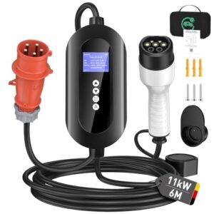 FNITAER Mobile Wallbox 11 kW mit CEE 16A Stecker (3-phasig), 6 m Typ-2-Ladekabel, 8–16 A einstellbar, Mobile Ladestation mit Stromzähler & 0–24 h Timer, für BEV & PHEV, Schwarz