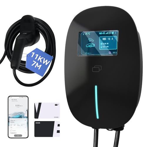 FULLWATT EV Ladegerät Typ 2 11 kW, Wallbox Ladestation mit APP und RFID, 3-Phasig 7M 6-16A, mit LCD und Ladegerätehalter, IP54, für Alle EVs und PHEVs, Schwarz