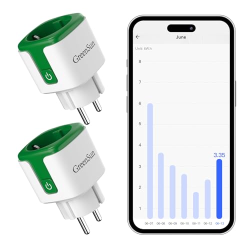 GreenSun WLAN Smart Steckdose - 2PCS Smart Life APP Fernzugriff WiFi Steckdose mit Strommessung, Zeitschaltuhr funktioniert mit Alexa, Google Home 16A 2,4 GHz(NICHT Kompatibel mit VeSync)
