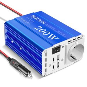 JIGUUN 200W Wechselrichter 12V/24V auf 230V Reiner Sinus Spannungswandler mit EU Steckdose,2 USB,2 Type-C,Spitzenleistung 400W,Kfz Inverter,Geeignet für Autos,LKWs,Wohnmobile,Camper
