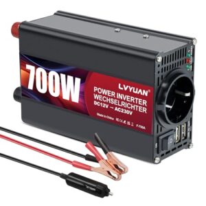 LVYUAN 700W Wechselrichter DC 12V auf 230V AC Spannungswandler Auto Konverter mit Dual USB Ports & EU Steckdosen Kfz Ladegerät Adapter