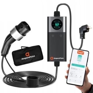 Ampere Point Mobile Wallbox 3,7 kW 16A Typ 2 Ladestation, Einstellbare Ladeleistung 6-16A, 7,5 m Ladekabel, Schuko 230 V, Tragbares EV-Ladegerät mit LCD-Display, WLAN & App-Steuerung inkl. Tragetasche