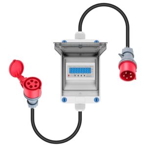 3 Phasen Mobiler Stromzähler, 32A 400V Mobiler Digitaler Stromzähler Mit CEE Stecker und Kupplung, Mobiler Digitalzähler Mit Mit Rückstellfunktion, 2m Kabel, IP44 Steckdosenadapter Zähler