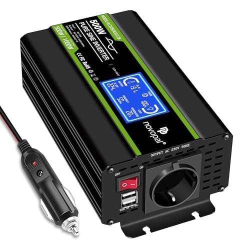 NOVOPAL 500W Wechselrichter 12V auf 230V 220V Reiner Sinus Spannungswandler mit intelligenter LCD-Anzeige - EU-Stecker mit USB-Ausgang