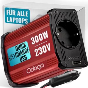 Odoga Wechselrichter 12V auf 230V – 300 W Spannungswandler, Stromwandler mit 3A USB-C und USB-A Anschluss, Inverter 12V 220V, Auto Steckdose, Laden Sie Ihr Laptop, iPad, iPhone, Tablet Und Mehr