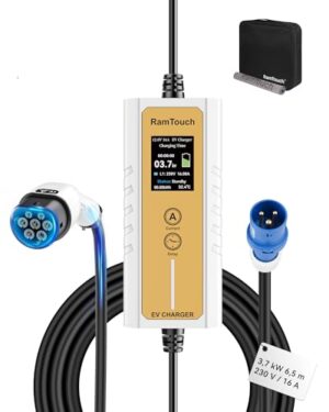 RamTouch Ladekabel Elektroauto Blau CEE 16A auf Typ 2 (3,7 kW, 1-phasig, 6,5 m), IP65 Mobile Wallbox CEE mit 6A-16A Einstellbar und Timer & Verzögerung, EV-Ladegerät mit LCD für E-Autos & PHEV