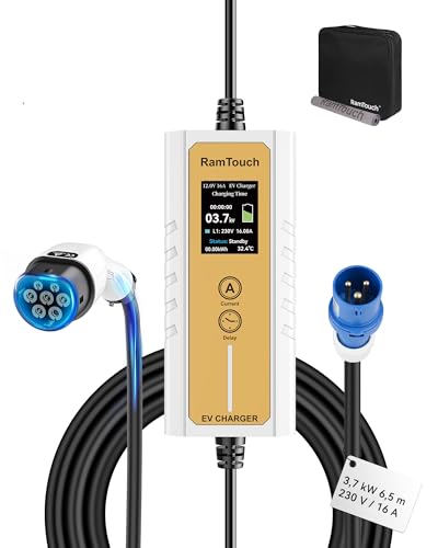 RamTouch Ladekabel Elektroauto Blau CEE 16A auf Typ 2 (3,7 kW, 1-phasig, 6,5 m), IP65 Mobile Wallbox CEE mit 6A-16A Einstellbar und Timer & Verzögerung, EV-Ladegerät mit LCD für E-Autos & PHEV
