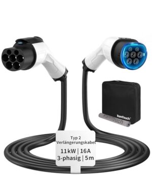 RamTouch Typ 2 Verlängerungskabel (16 A, 11 kW, 5 m, 3-phasig) - Wallbox-Verlängerungskabel für EV-Ladegeräte, Wallboxen & Ladestationen, Kompatibel mit Elektroautos (EV) & Plug-in-Hybriden (PHEV)