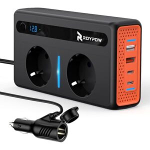 RoyPow Auto Spannungswandler 300W Wechselrichter DC 12V to AC 230V mit 2 Steckdosen und 4 USB Ports Schnelles Aufladen KFZ Ladegerät mit Zigarettenanzünderstecker