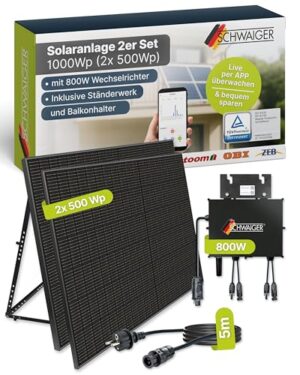 SCHWAIGER Balkonkraftwerk 2er Set mit Full Black Solarpanels 1000Wp I 2×500Wp Solarmodule inkl. Alu‑Ständer, 800W WiFi‑Wechselrichter & 5m Kabel I Plug & Play Solaranlage für Balkon & Garten