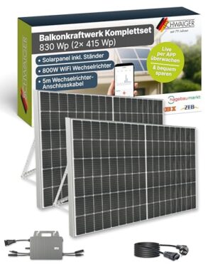 SCHWAIGER Balkonkraftwerk Komplettset 830 Wp I 2× 415 Wp Solarpanels inkl. Ständerwerk, 800W WiFi Wechselrichter, 5m Anschlusskabel I Plug & Play Solaranlage Photovoltaik für Balkon & Garten