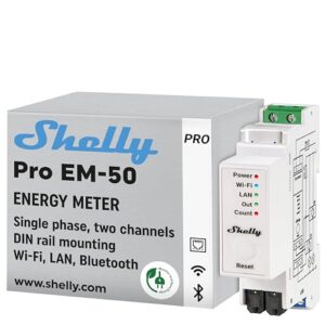 Shelly Pro EM 50A - WLAN & LAN Smart Energiezähler, 2 Kanäle auf 1 Phase, 2A Potentialfreie Kontakte, 4-Quadranten-Messung, Photovoltaik, IEC 62053-21, Kein Hub Erforderlich, Datenspeicherung