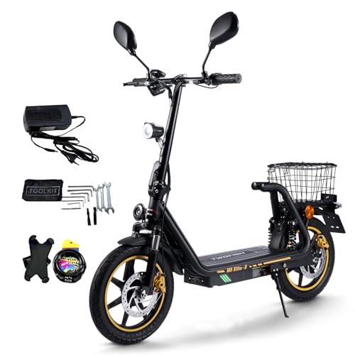 TWOFISH E Scooter mit Straßenzulassung, bis 30 km Reichweite, 48V 13Ah Lithium-Akku, Elektroroller Erwachsene mit LED Display und Heckträger, M5 Elite E (Schwarz-Gelb)