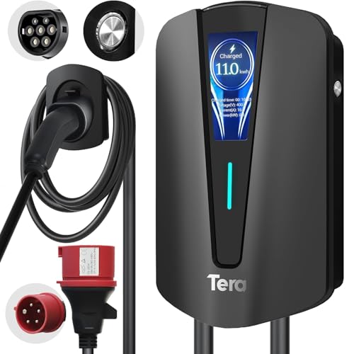 Tera EV Ladegerät Typ 2 11KW Heim-Ladestation Wallbox Ladekabel Elektroauto mit Kabelhalterung Ladekabel 3-Phasig CEE Stecker 16A 400V Kabel für Elektrofahrzeuge und Plug-in-Hybrid-Autos, Q8