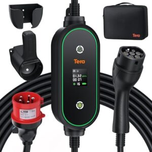 Tera Mobile Wallbox Typ-2 tragbar: 11kW 3-Phasig 6-16A 7,5m Ladekabel CEE 5 Pin EV Ladegerät 0,5-5h verzögertes Laden Einstellbarer Ladeleistung Ladegerätehalter für Elektroauto P03