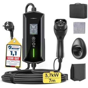 Typ 2 Ladekabel Schuko 3,7kW - 7m|6-16A|1-phasig Tragbare EV Ladegerät IP65 Wasserdicht mit LCD-Anzeige, Einstellbarer Ladeleistung, Einstellung Startzeit, für Allen EVs(IEC 62196-2) & PHEVS